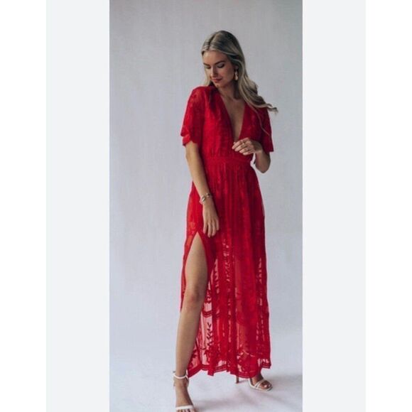 Women NEW Red Festival Whimsical Boho Romantic Lace Side Slit Maxi Dress - Picture 1 of 10